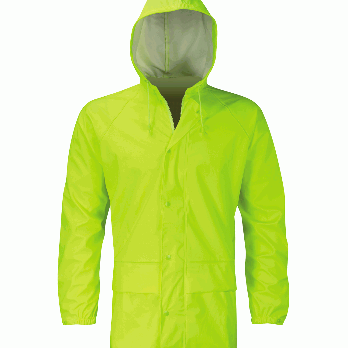 Hi vis yellow hooded rain jacket with a snap-button front, extended hem, and adjustable drawcord hood, built for lightweight waterproof protection in coastal or wet-weather conditions — by MAK Boots & Garments.
