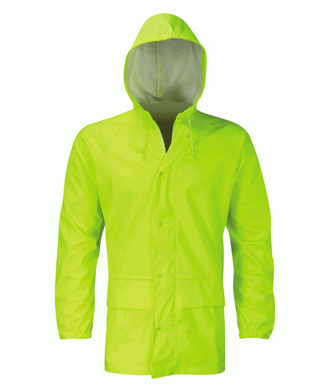 Hi vis yellow hooded rain jacket with a snap-button front, extended hem, and adjustable drawcord hood, built for lightweight waterproof protection in coastal or wet-weather conditions — by MAK Boots & Garments.