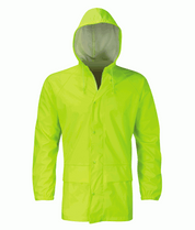 Hi vis yellow hooded rain jacket with a snap-button front, extended hem, and adjustable drawcord hood, built for lightweight waterproof protection in coastal or wet-weather conditions — by MAK Boots & Garments.
