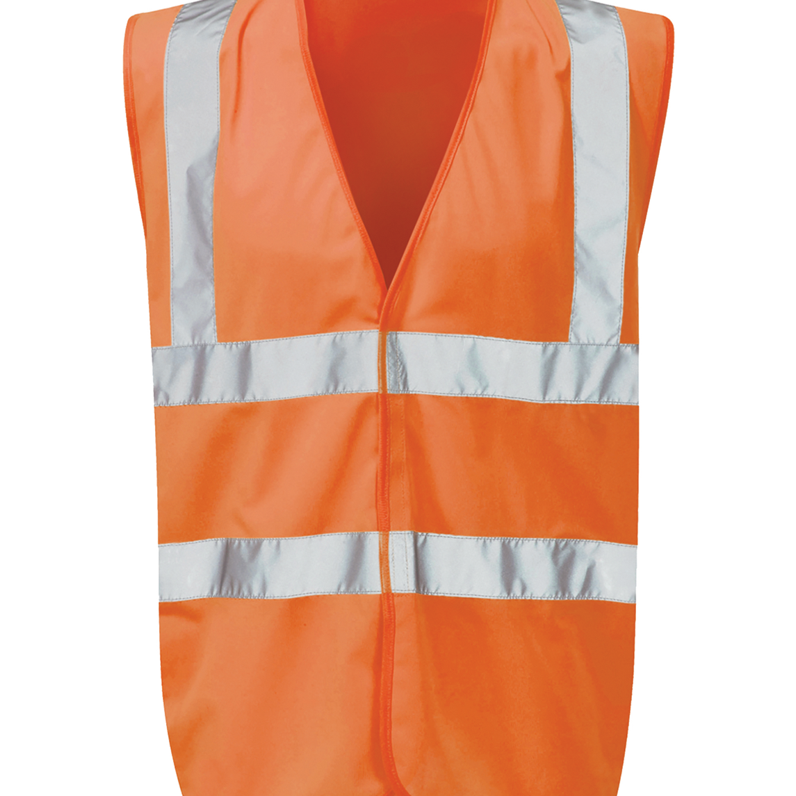 High-visibility Orange safety vest with reflective silver stripes across the chest, shoulders, and back sleeveless design with a Velcro front closure by MAK Boots & Garments.