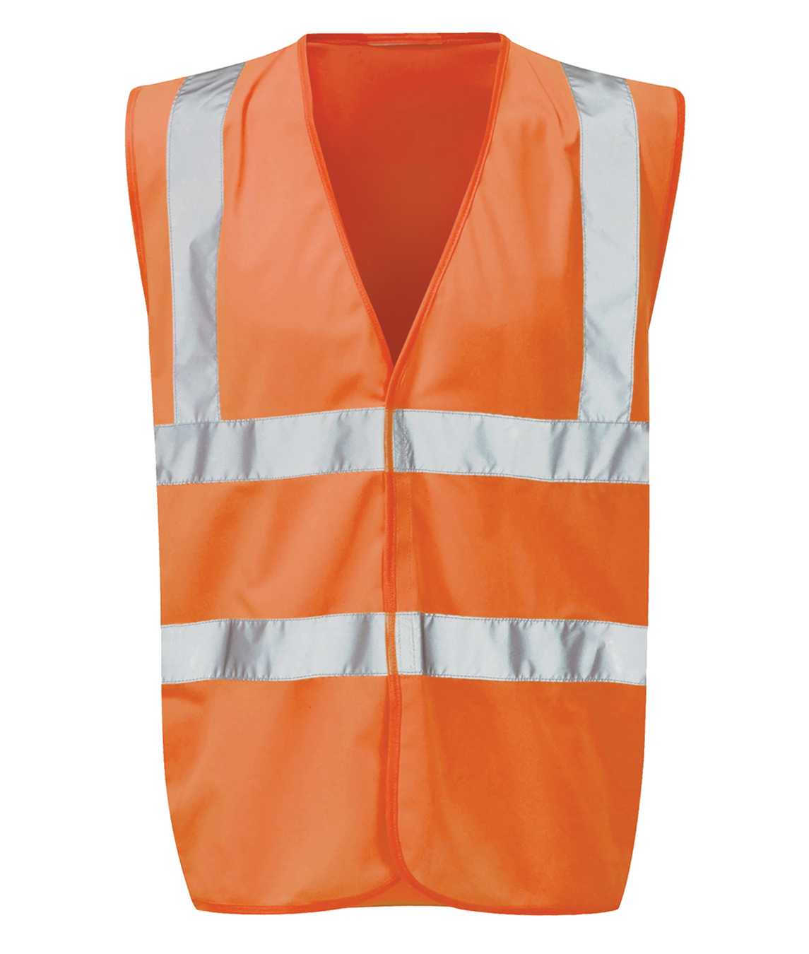 High-visibility Orange safety vest with reflective silver stripes across the chest, shoulders, and back sleeveless design with a Velcro front closure by MAK Boots & Garments.