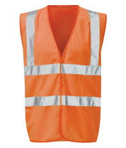 High-visibility Orange safety vest with reflective silver stripes across the chest, shoulders, and back sleeveless design with a Velcro front closure by MAK Boots & Garments.