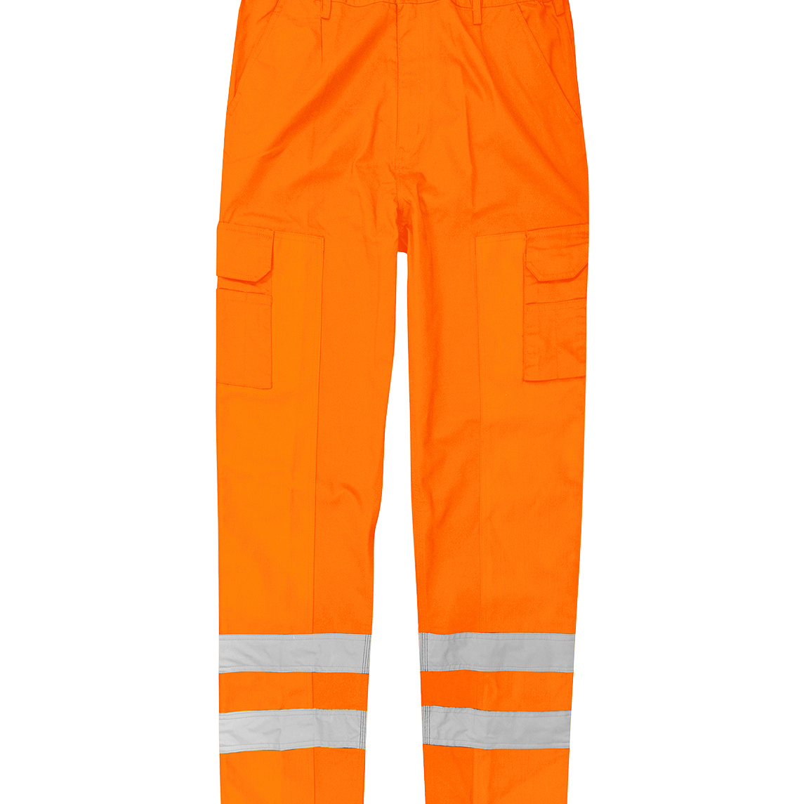 High-visibility orange work trousers featuring dual cargo pockets, belt loops, and two bands of reflective tape around each lower leg for enhanced safety in low-light environments.
by MAK Boots & Garments
