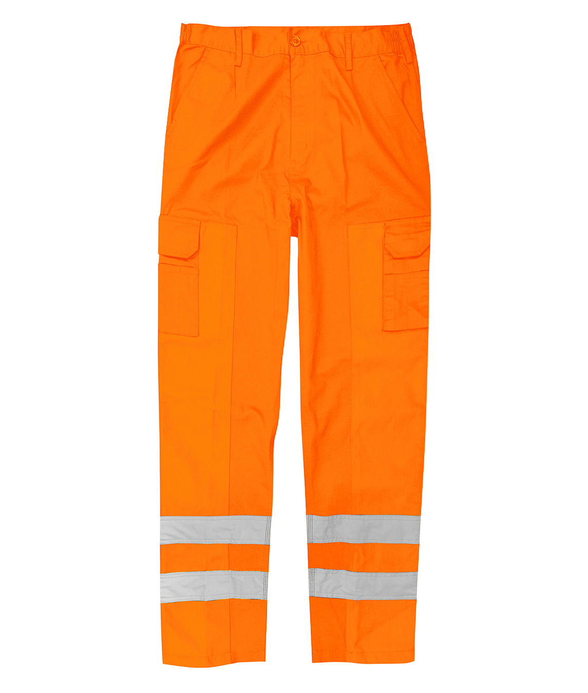 High-visibility orange work trousers featuring dual cargo pockets, belt loops, and two bands of reflective tape around each lower leg for enhanced safety in low-light environments.
by MAK Boots & Garments