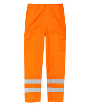 High-visibility orange work trousers featuring dual cargo pockets, belt loops, and two bands of reflective tape around each lower leg for enhanced safety in low-light environments.
by MAK Boots & Garments