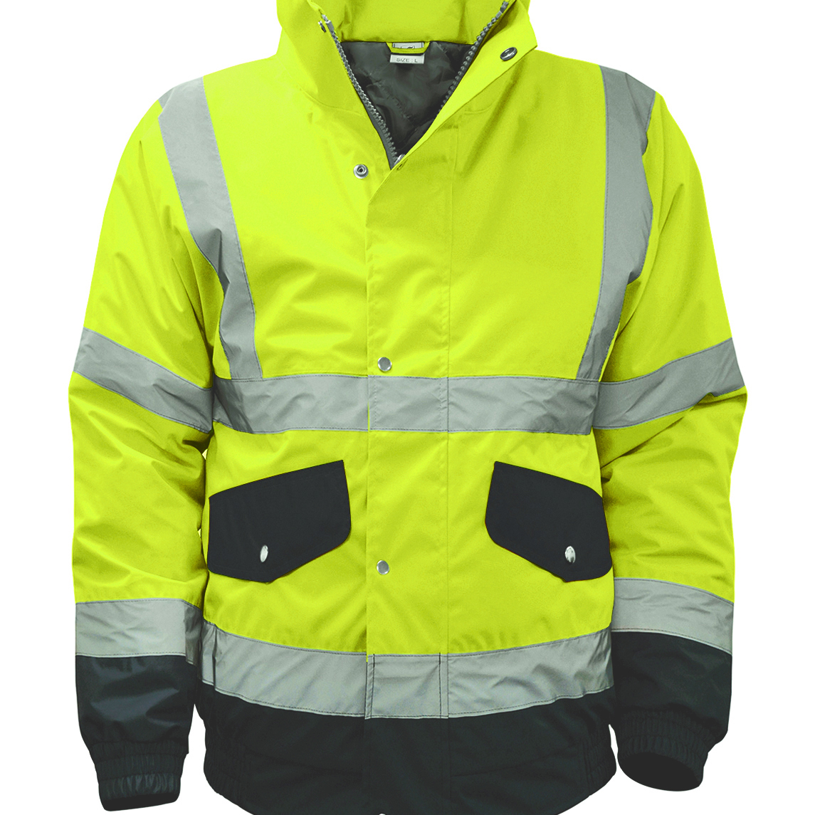 High-visibility yellow and black work jacket featuring silver reflective tape across the chest, arms, and waist. Equipped with snap-button flap pockets, a zip front with a storm flap, and elastic cuffs for a secure fit. Designed for enhanced visibility and durability in hazardous work environments.
by MAK Boots & Garments