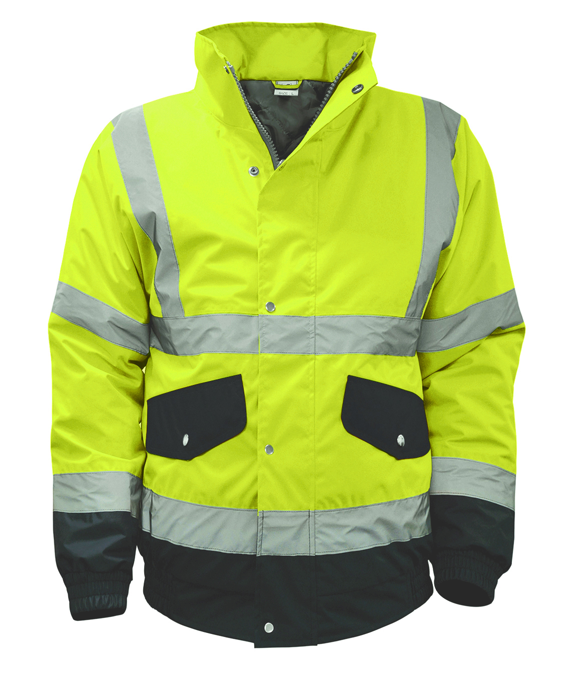 High-visibility yellow and black work jacket featuring silver reflective tape across the chest, arms, and waist. Equipped with snap-button flap pockets, a zip front with a storm flap, and elastic cuffs for a secure fit. Designed for enhanced visibility and durability in hazardous work environments.
by MAK Boots & Garments
