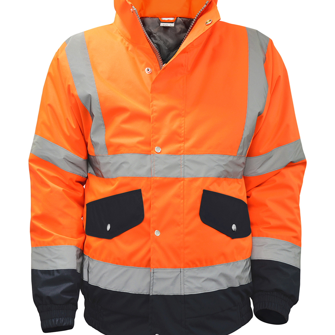 High-visibility orange and black work jacket featuring silver reflective tape across the chest, arms, and waist. Equipped with snap-button flap pockets, a zip front with a storm flap, and elastic cuffs for a secure fit. Designed for enhanced visibility and durability in hazardous work environments. by MAK Boots & Garments