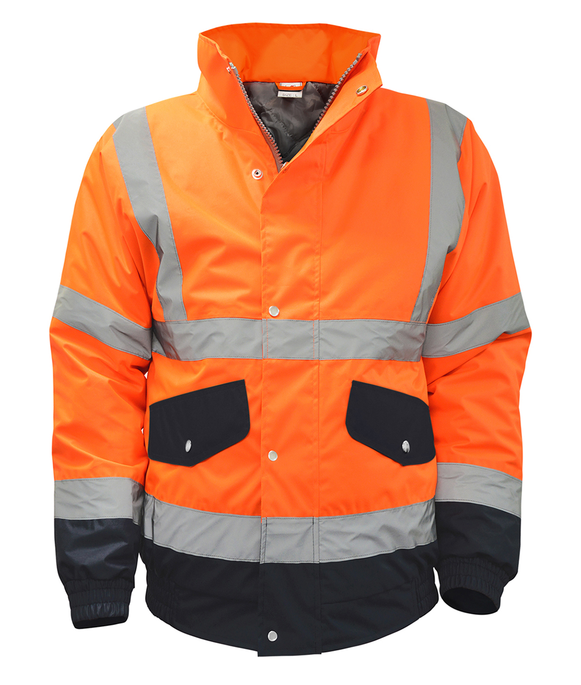 High-visibility orange and black work jacket featuring silver reflective tape across the chest, arms, and waist. Equipped with snap-button flap pockets, a zip front with a storm flap, and elastic cuffs for a secure fit. Designed for enhanced visibility and durability in hazardous work environments. by MAK Boots & Garments