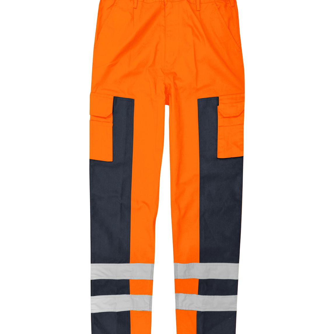 High-visibility orange and navy work trousers featuring dual cargo pockets, reinforced knee panels, and reflective tape bands around the lower legs. Engineered for durability and visibility in demanding environments.
by MAK Boots & Garments