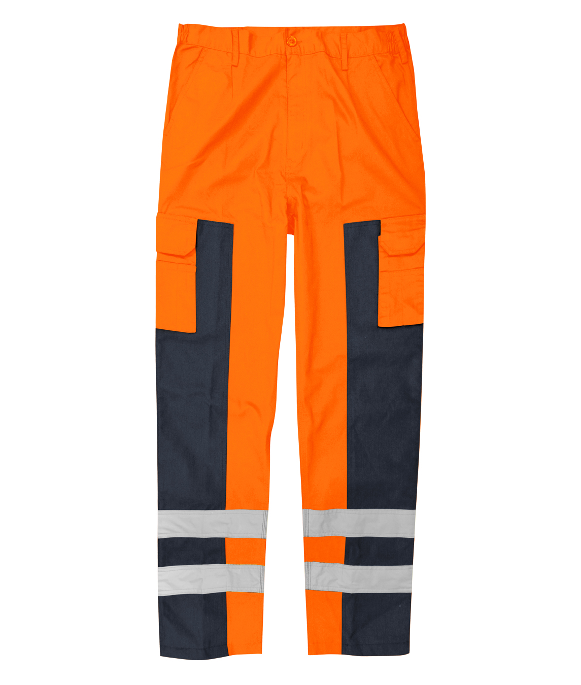 High-visibility orange and navy work trousers featuring dual cargo pockets, reinforced knee panels, and reflective tape bands around the lower legs. Engineered for durability and visibility in demanding environments.
by MAK Boots & Garments