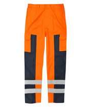 High-visibility orange and navy work trousers featuring dual cargo pockets, reinforced knee panels, and reflective tape bands around the lower legs. Engineered for durability and visibility in demanding environments.
by MAK Boots & Garments