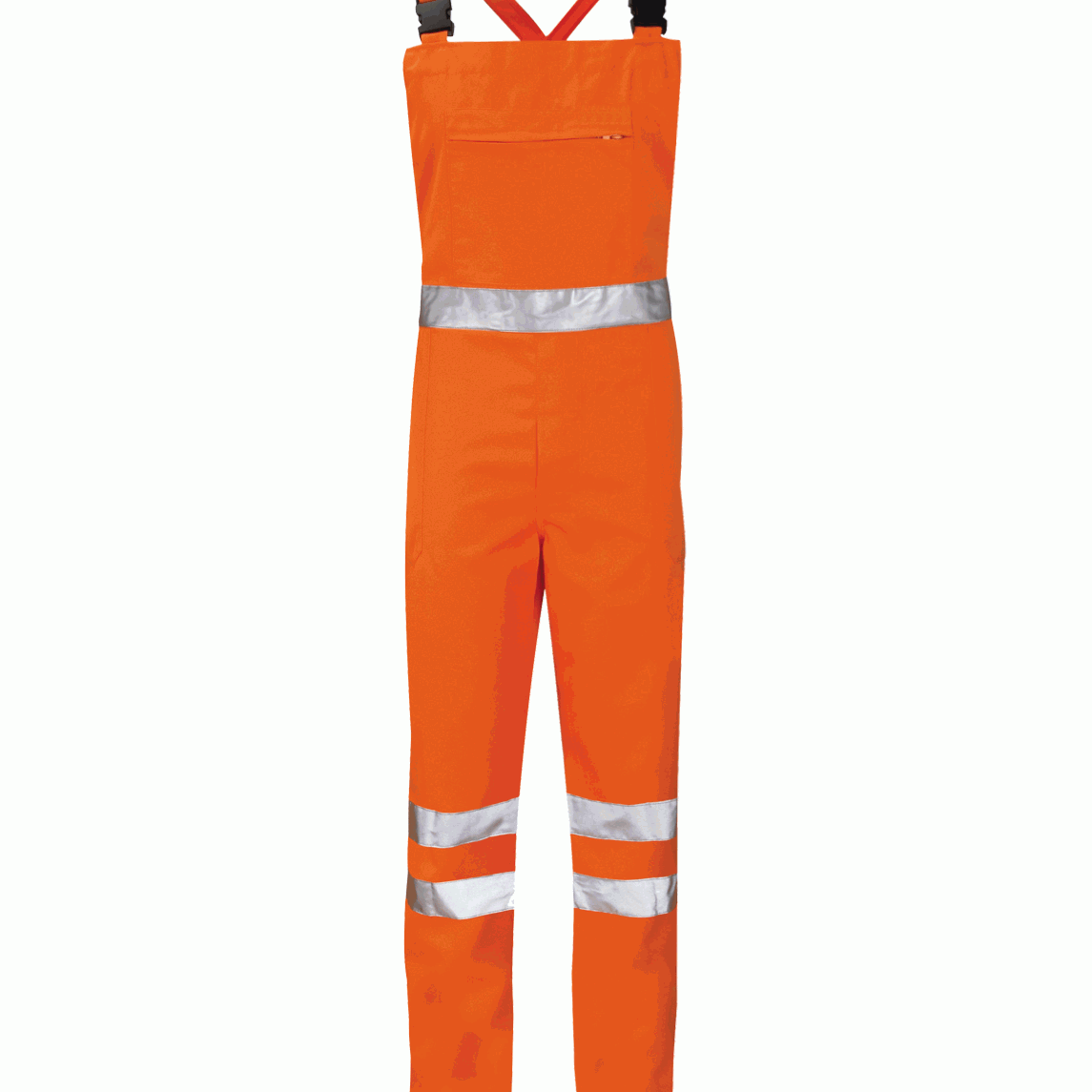 High-visibility orange bib overalls featuring a front zippered chest pocket, black adjustable shoulder straps, a silver reflective band around the waist, and two silver reflective bands around each lower leg.
by MAK Boots & Garments