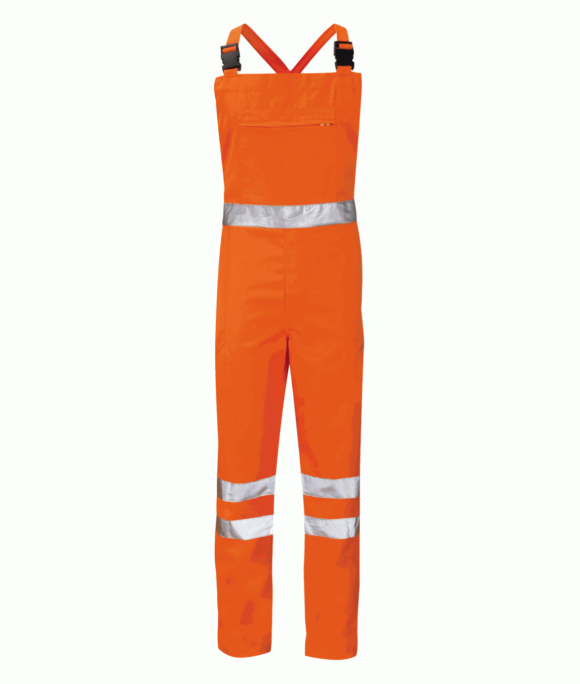 High-visibility orange bib overalls featuring a front zippered chest pocket, black adjustable shoulder straps, a silver reflective band around the waist, and two silver reflective bands around each lower leg.
by MAK Boots & Garments