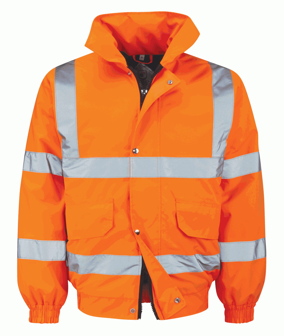 High-visibility orange bomber jacket with silver reflective tape across the chest, arms, and waist features a front zip closure, elasticated cuffs and hem, and a fleece-lined interior for added warmth by MAK Boots & Garments.