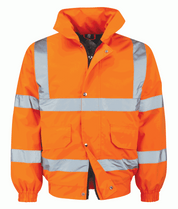 High-visibility orange bomber jacket with silver reflective tape across the chest, arms, and waist features a front zip closure, elasticated cuffs and hem, and a fleece-lined interior for added warmth by MAK Boots & Garments.