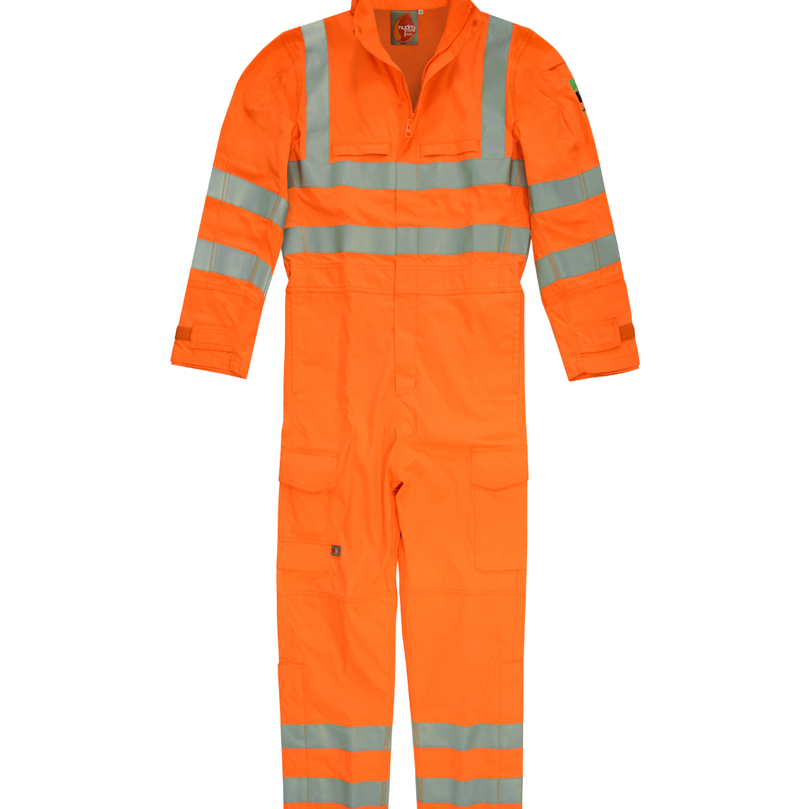 High-visibility orange coverall featuring dual reflective bands on the arms, legs, chest, and shoulders engineered for full-body safety, durability, and compliance in low-light environments by MAK Boots & Garments.