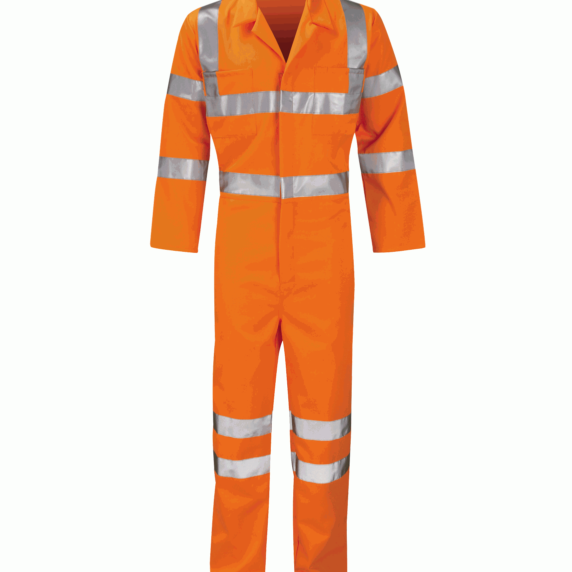 High-visibility orange coverall with long sleeves, featuring silver reflective bands around the arms, chest, waist, and lower legs, along with two chest pockets and a collared neckline.
by MAK Boots & Garments