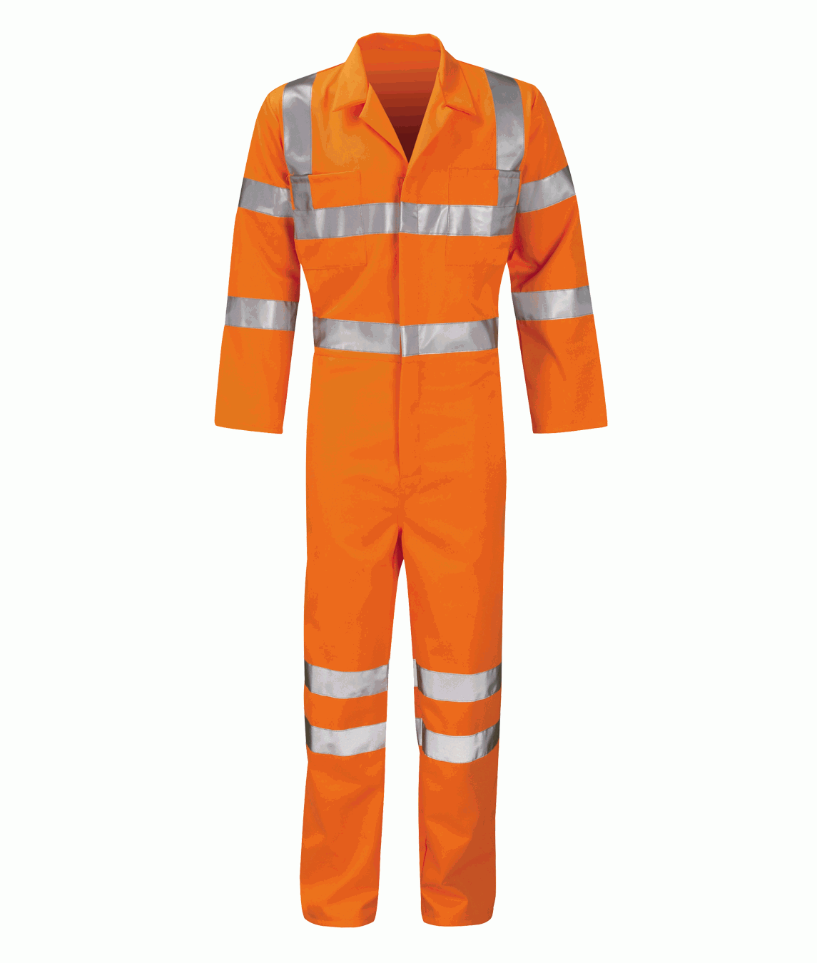 High-visibility orange coverall with long sleeves, featuring silver reflective bands around the arms, chest, waist, and lower legs, along with two chest pockets and a collared neckline.
by MAK Boots & Garments