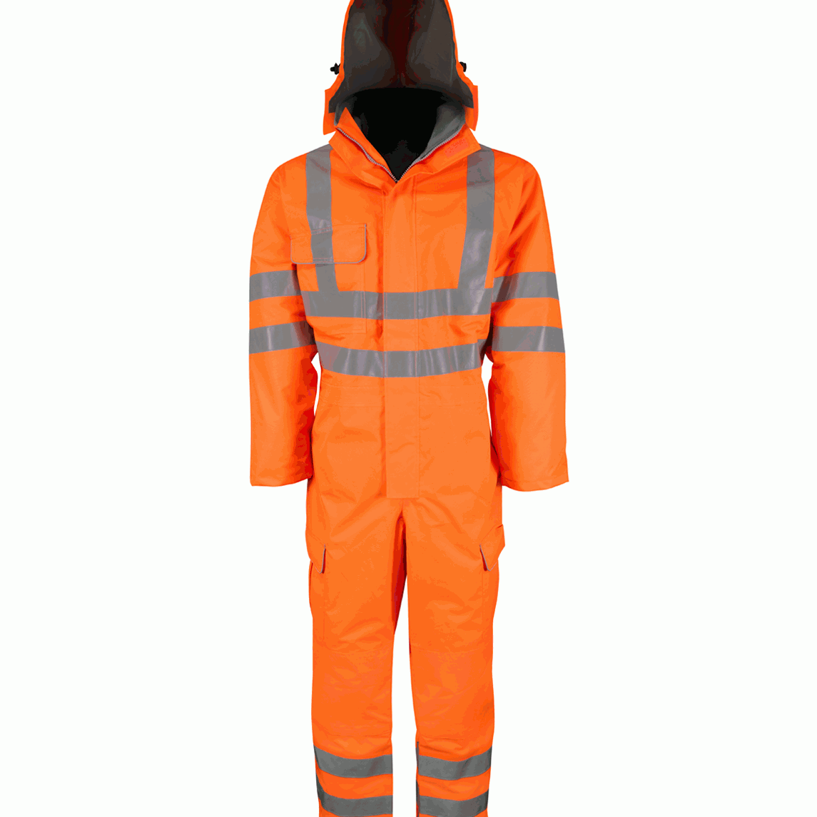 High-visibility orange coverall with silver reflective tape on the torso, arms, and legs. Designed with a built-in hood, zip-up front, and multiple pockets for utility. Ideal for maximum safety and visibility in hazardous environments.
by MAK Boots & Garments