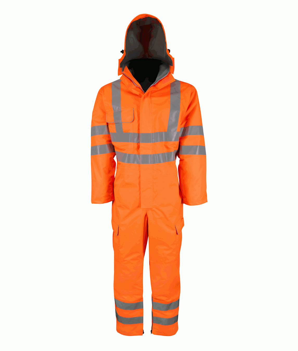 High-visibility orange coverall with silver reflective tape on the torso, arms, and legs. Designed with a built-in hood, zip-up front, and multiple pockets for utility. Ideal for maximum safety and visibility in hazardous environments.
by MAK Boots & Garments