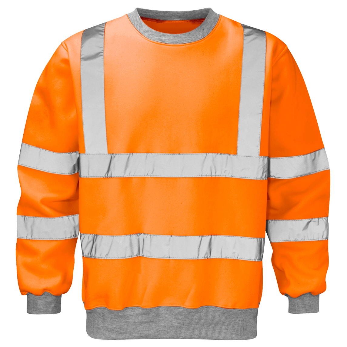 High-visibility orange crewneck sweatshirt with silver reflective tape in a segmented H-pattern across the chest, shoulders, and arms. Finished with grey ribbed cuffs, hem, and collar for added contrast and comfort.
by MAK Boots & Garments