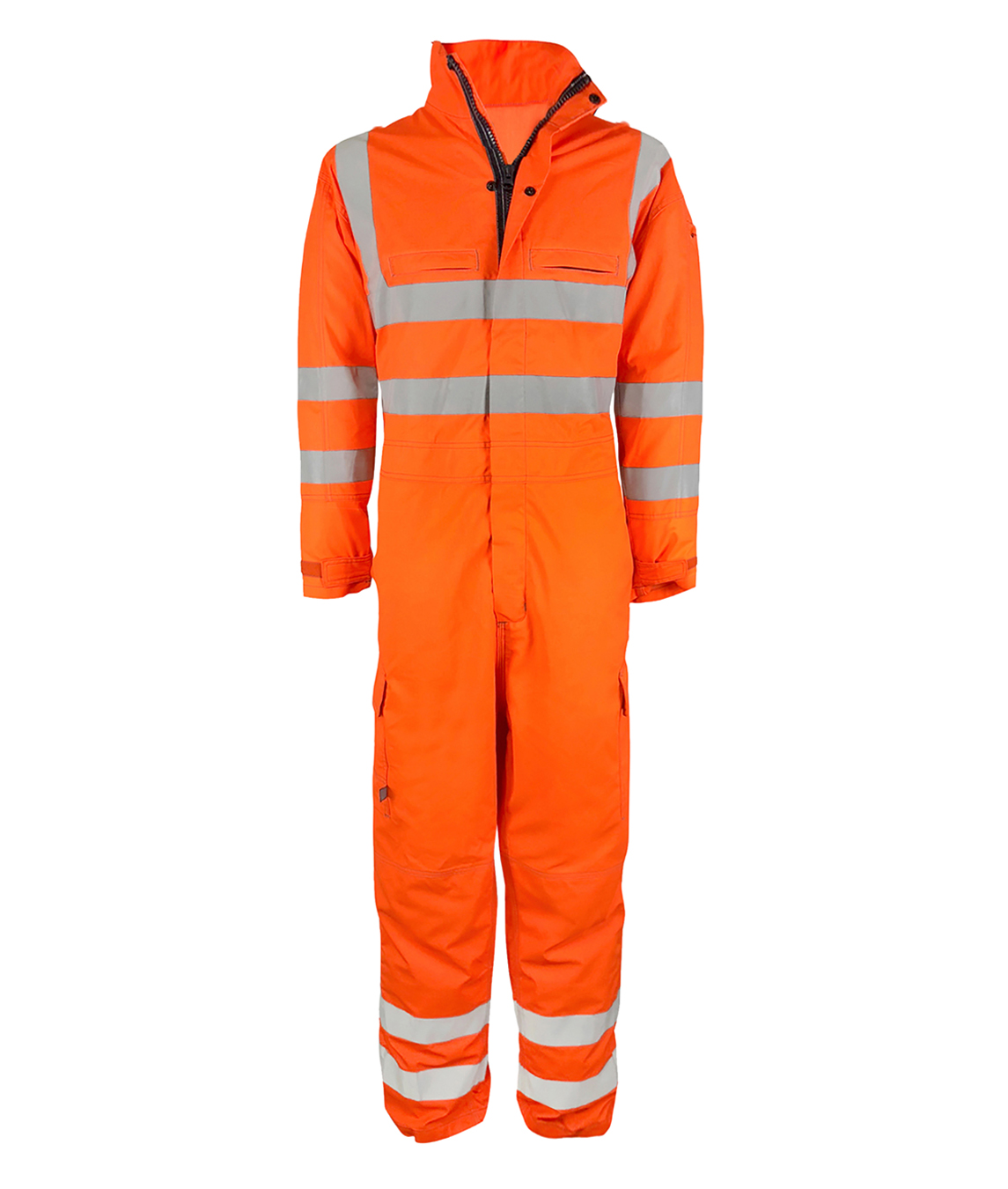 High-visibility orange industrial coverall with silver reflective tape across the chest, arms, and legs — features a front zip closure, multiple utility pockets, and ergonomic paneling for comfort and protection by MAK Boots & Garments.