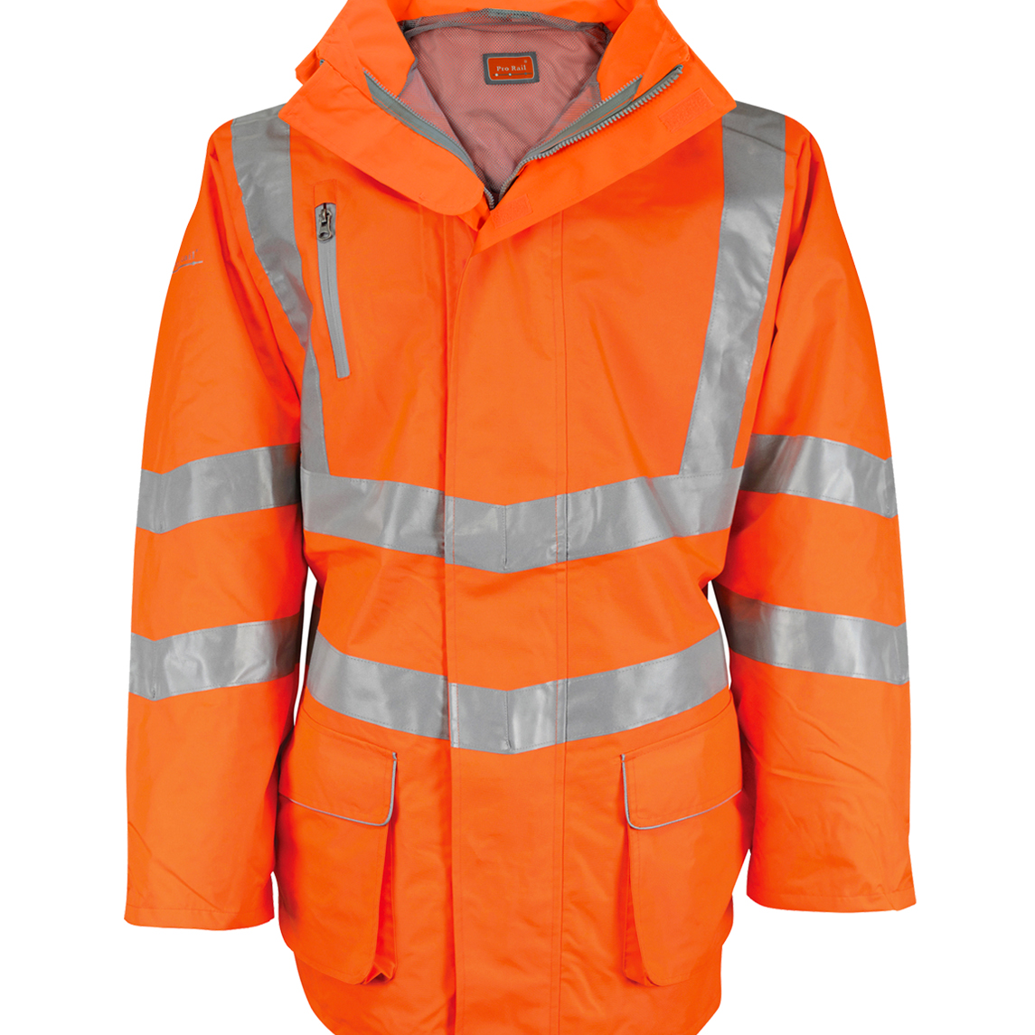 High-visibility orange jacket with silver reflective tape in a secure V-pattern across the chest, arms, and waist. Features a zip-up front with storm flap, multiple pockets, and a stowaway hood for versatile weather protection.
by MAK Boots & Garments