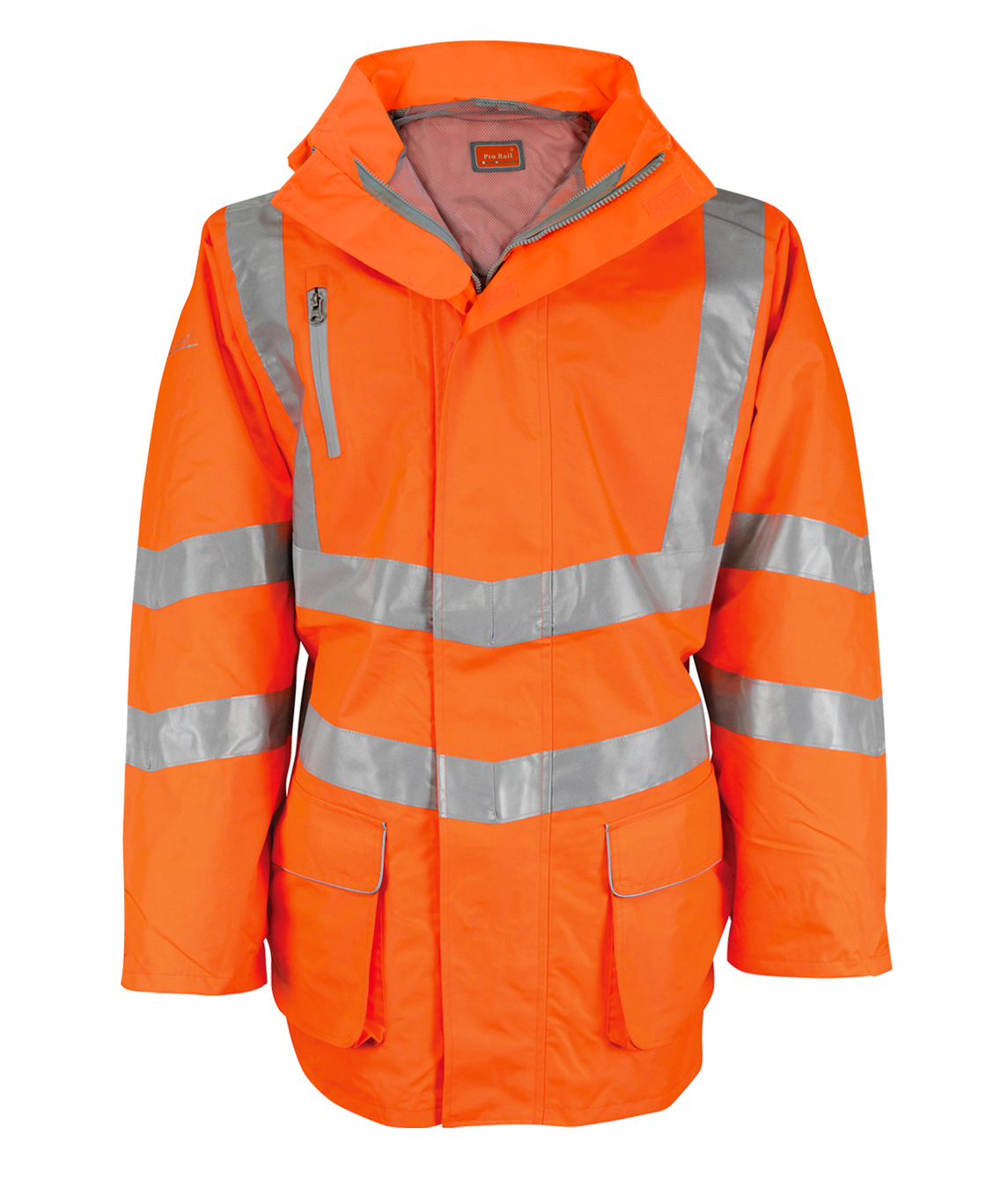 High-visibility orange jacket with silver reflective tape in a secure V-pattern across the chest, arms, and waist. Features a zip-up front with storm flap, multiple pockets, and a stowaway hood for versatile weather protection.
by MAK Boots & Garments