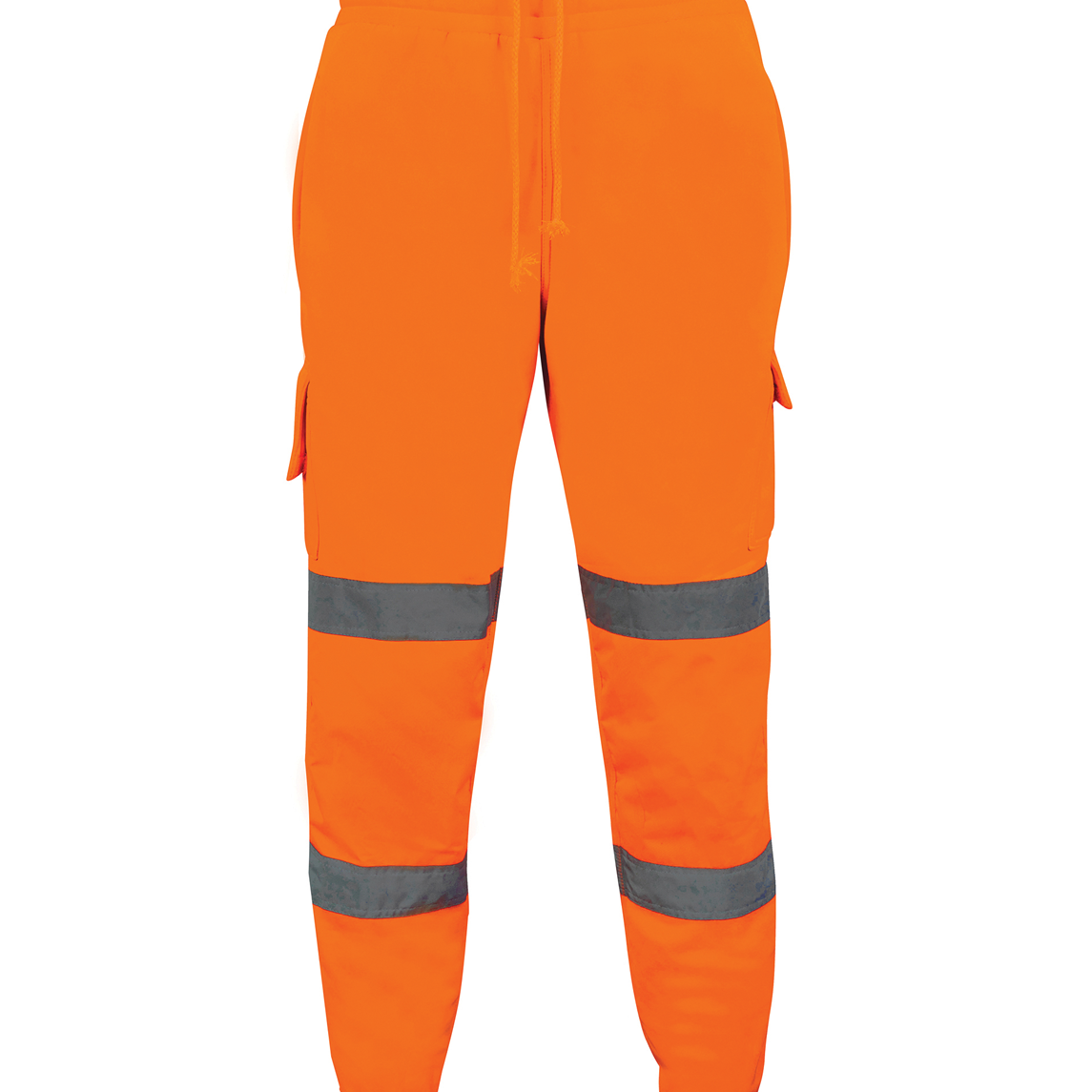 High-visibility orange jogger-style work trousers featuring two horizontal reflective bands on each leg, cargo pockets on both sides, and an elastic waistband with drawstring for adjustable comfort.
by MAK Boots & Garments