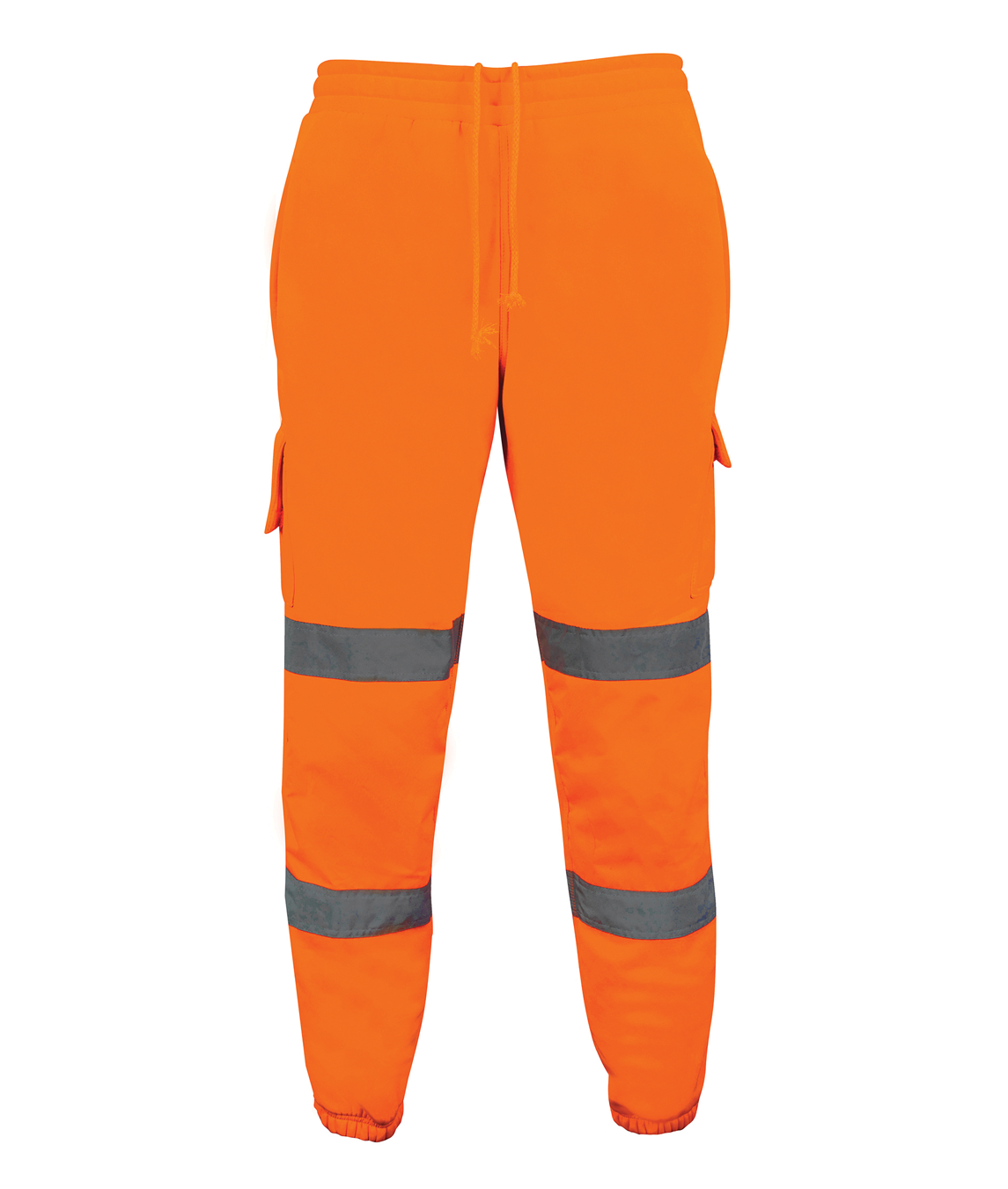 High-visibility orange jogger-style work trousers featuring two horizontal reflective bands on each leg, cargo pockets on both sides, and an elastic waistband with drawstring for adjustable comfort.
by MAK Boots & Garments