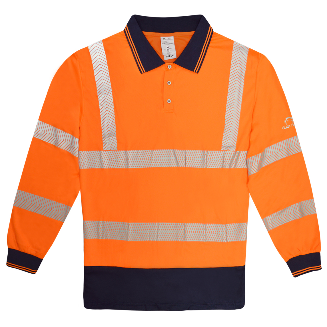 High-visibility orange long-sleeve polo shirt with navy collar and cuffs, featuring reflective chevron tape across the torso, arms, and shoulders for enhanced visibility.
by MAK Boots & Garments