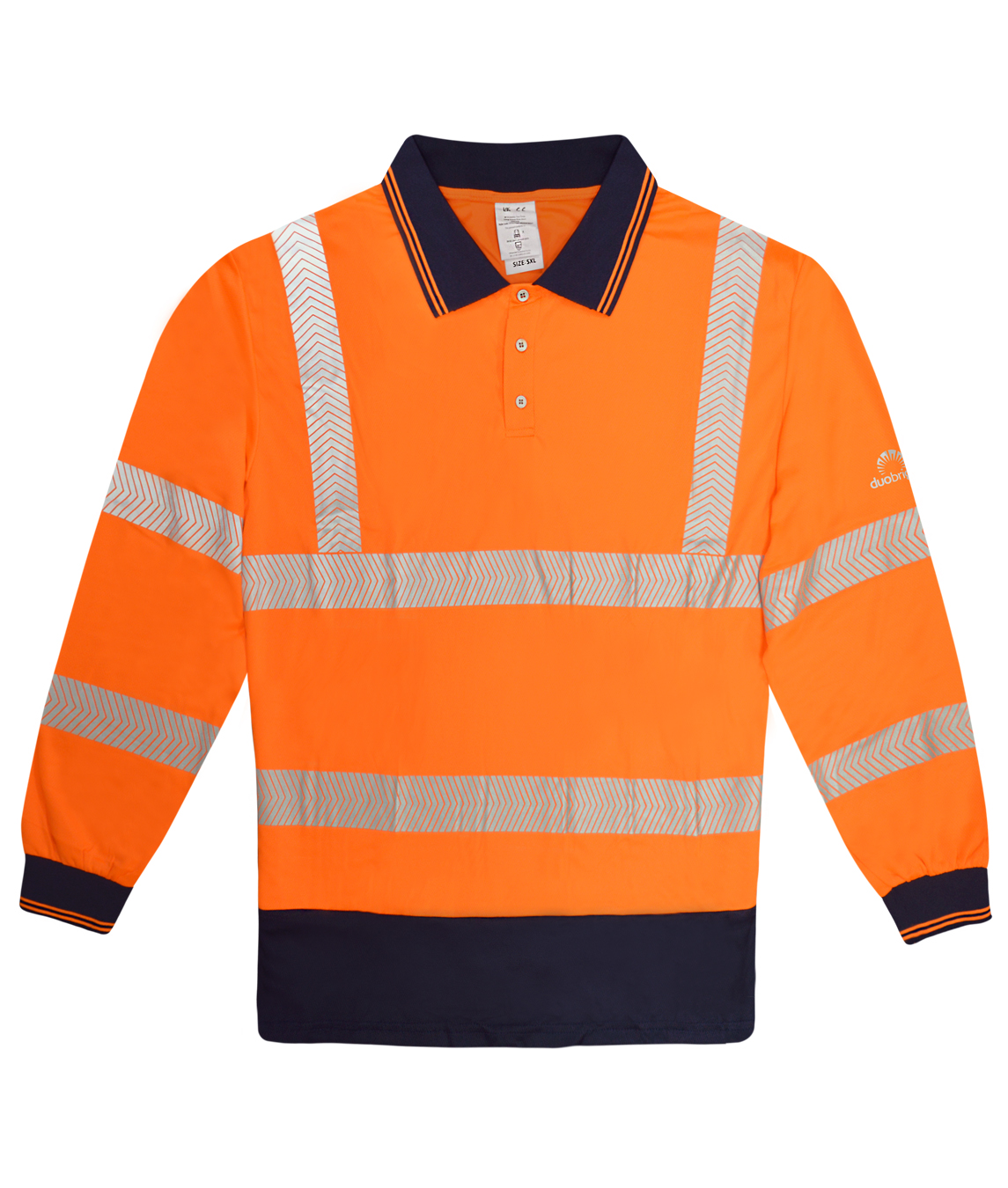 High-visibility orange long-sleeve polo shirt with navy collar and cuffs, featuring reflective chevron tape across the torso, arms, and shoulders for enhanced visibility.
by MAK Boots & Garments
