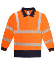 High-visibility orange long-sleeve polo shirt with navy collar and cuffs, featuring reflective chevron tape across the torso, arms, and shoulders for enhanced visibility.
by MAK Boots & Garments