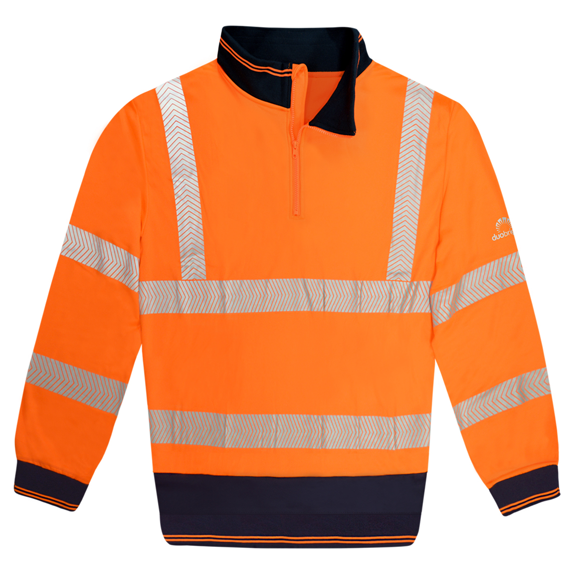 High-visibility orange long-sleeve pullover with navy contrast on the inner collar, cuffs, and hem, featuring reflective chevron stripes on the chest, waist, arms, and shoulders, and a quarter zip front for easy wear.
by MAK Boots & Garments