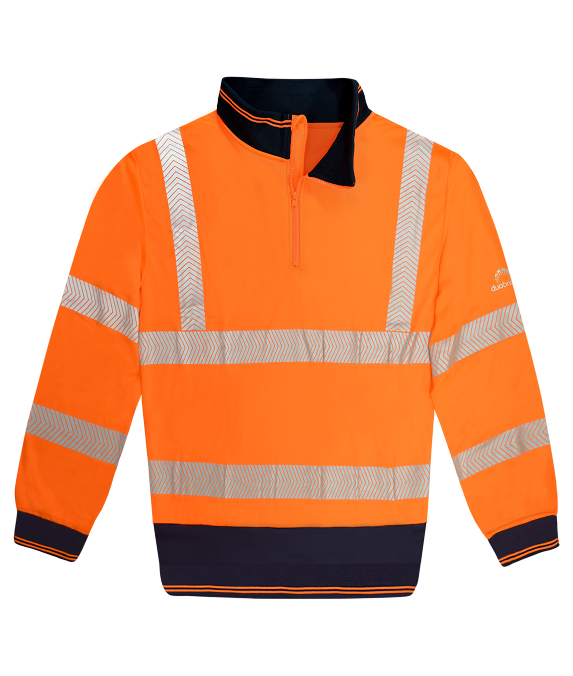 High-visibility orange long-sleeve pullover with navy contrast on the inner collar, cuffs, and hem, featuring reflective chevron stripes on the chest, waist, arms, and shoulders, and a quarter zip front for easy wear.
by MAK Boots & Garments