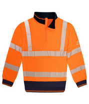 High-visibility orange long-sleeve pullover with navy contrast on the inner collar, cuffs, and hem, featuring reflective chevron stripes on the chest, waist, arms, and shoulders, and a quarter zip front for easy wear.
by MAK Boots & Garments