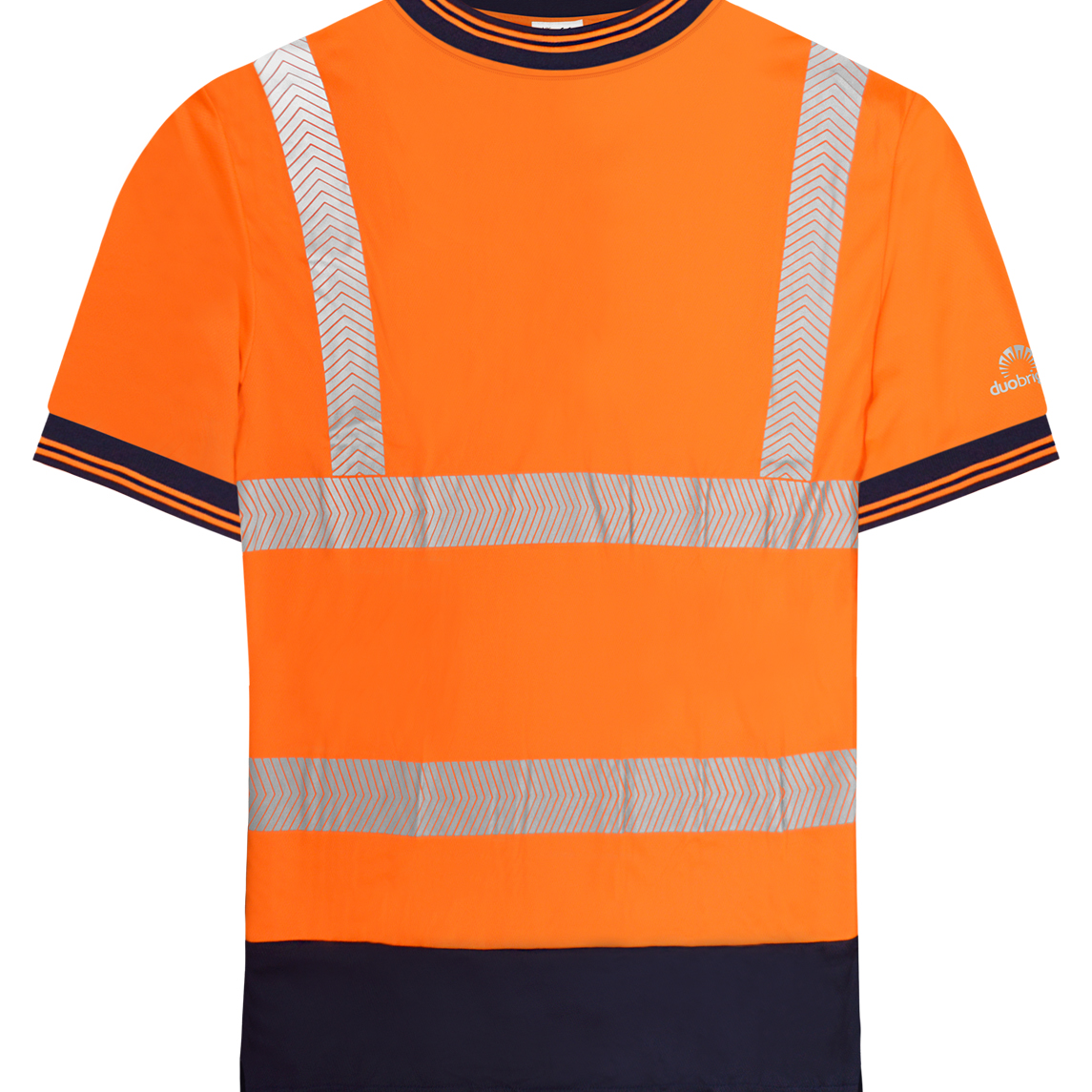 High-visibility orange short-sleeve T-shirt with navy accents on the collar, cuffs, and hem, featuring reflective chevron tape across the chest, waist, and shoulders for enhanced safety and visibility. by MAK Boots & Garments