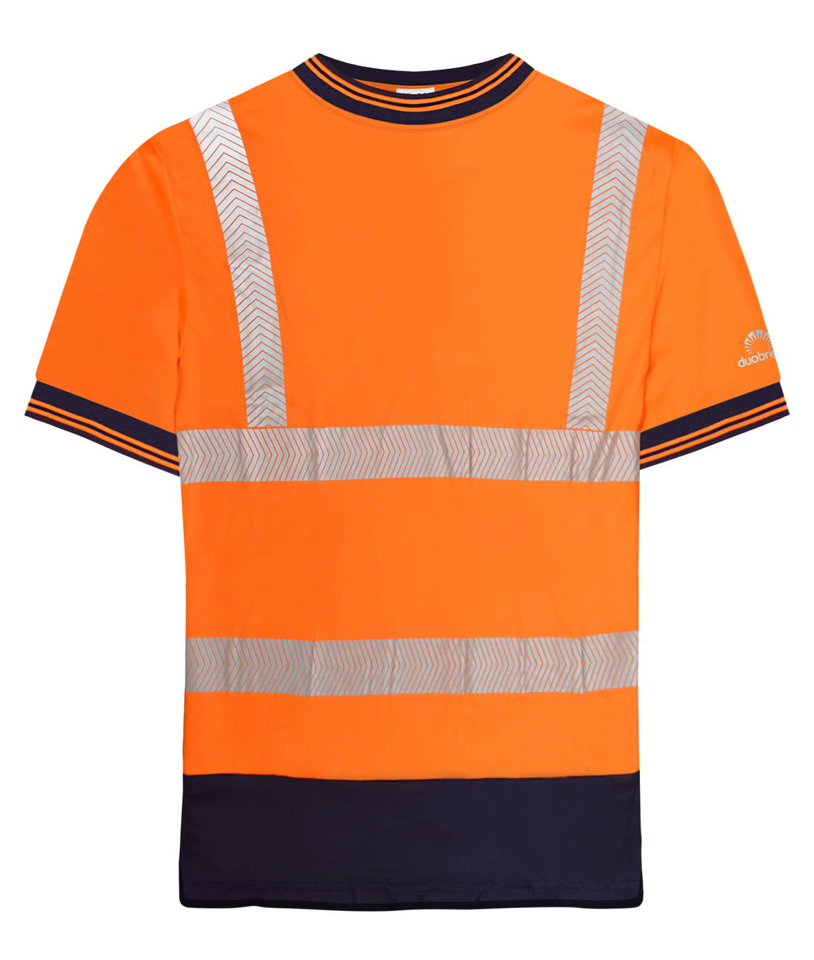High-visibility orange short-sleeve T-shirt with navy accents on the collar, cuffs, and hem, featuring reflective chevron tape across the chest, waist, and shoulders for enhanced safety and visibility. by MAK Boots & Garments