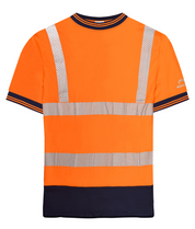 High-visibility orange short-sleeve T-shirt with navy accents on the collar, cuffs, and hem, featuring reflective chevron tape across the chest, waist, and shoulders for enhanced safety and visibility. by MAK Boots & Garments