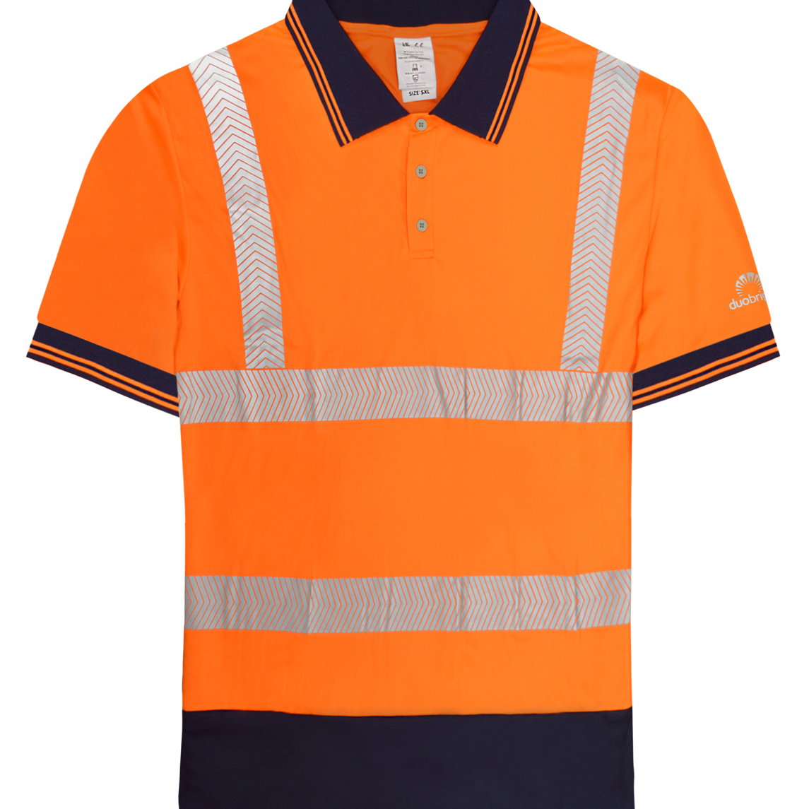 High-visibility orange short-sleeve polo shirt with navy collar, cuffs, and hem, featuring reflective chevron tape across the chest, waist, and shoulders for optimal visibility.
by MAK Boots & Garments