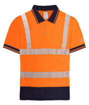 High-visibility orange short-sleeve polo shirt with navy collar, cuffs, and hem, featuring reflective chevron tape across the chest, waist, and shoulders for optimal visibility.
by MAK Boots & Garments
