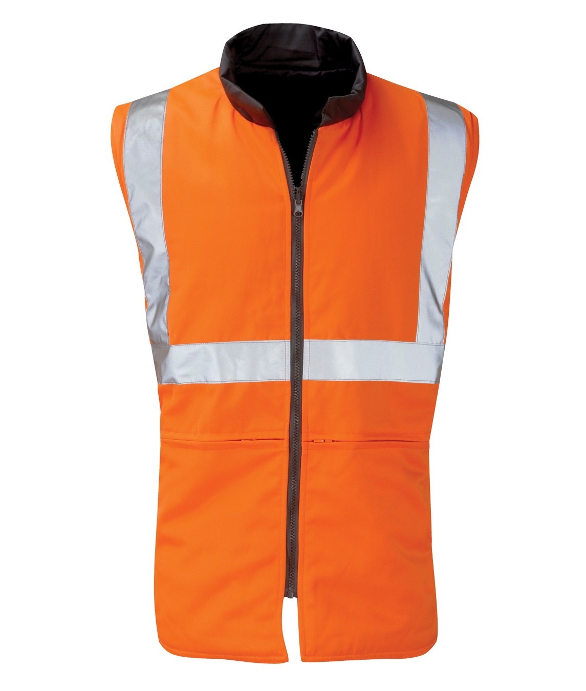 High-visibility orange sleeveless vest with silver reflective strips across the chest and shoulders. Features a zip-up front and a black inner lining with a raised collar for added wind protection.
by MAK Boots & Garments