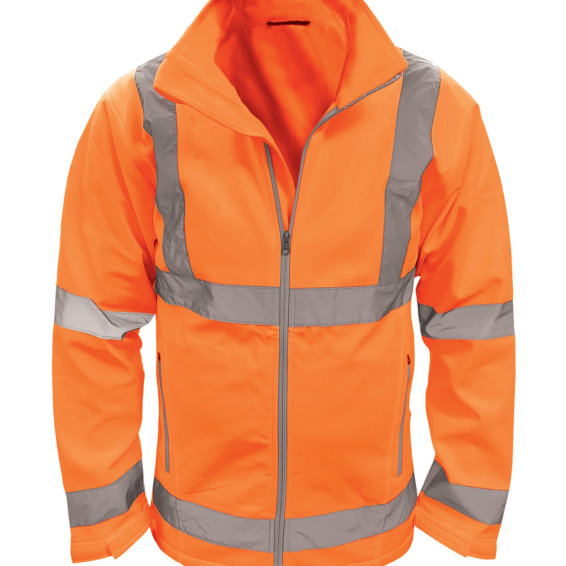 High-visibility orange softshell jacket with grey reflective tape detailing in a secure H-pattern across the front, arms, and waist. Features a full front zip closure, zippered side pockets, and a modern fit for weather protection and mobility.
by MAK Boots & Garments