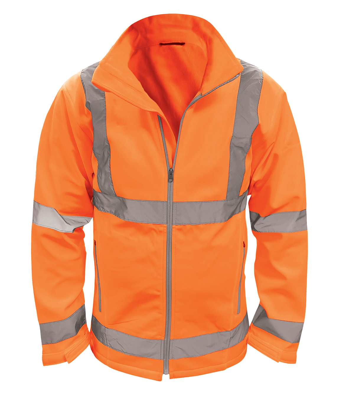 High-visibility orange softshell jacket with grey reflective tape detailing in a secure H-pattern across the front, arms, and waist. Features a full front zip closure, zippered side pockets, and a modern fit for weather protection and mobility.
by MAK Boots & Garments