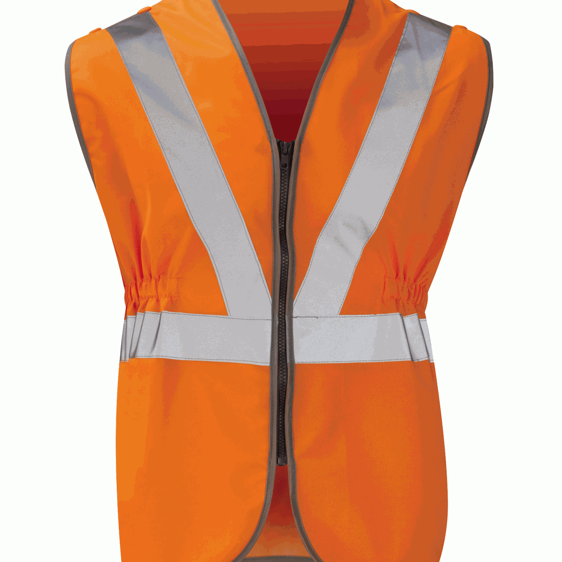 High-visibility orange vest with a front zip closure, silver reflective V-stripe and horizontal tape, elastic side cinches, and grey edge binding.
by MAK Boots & Garments