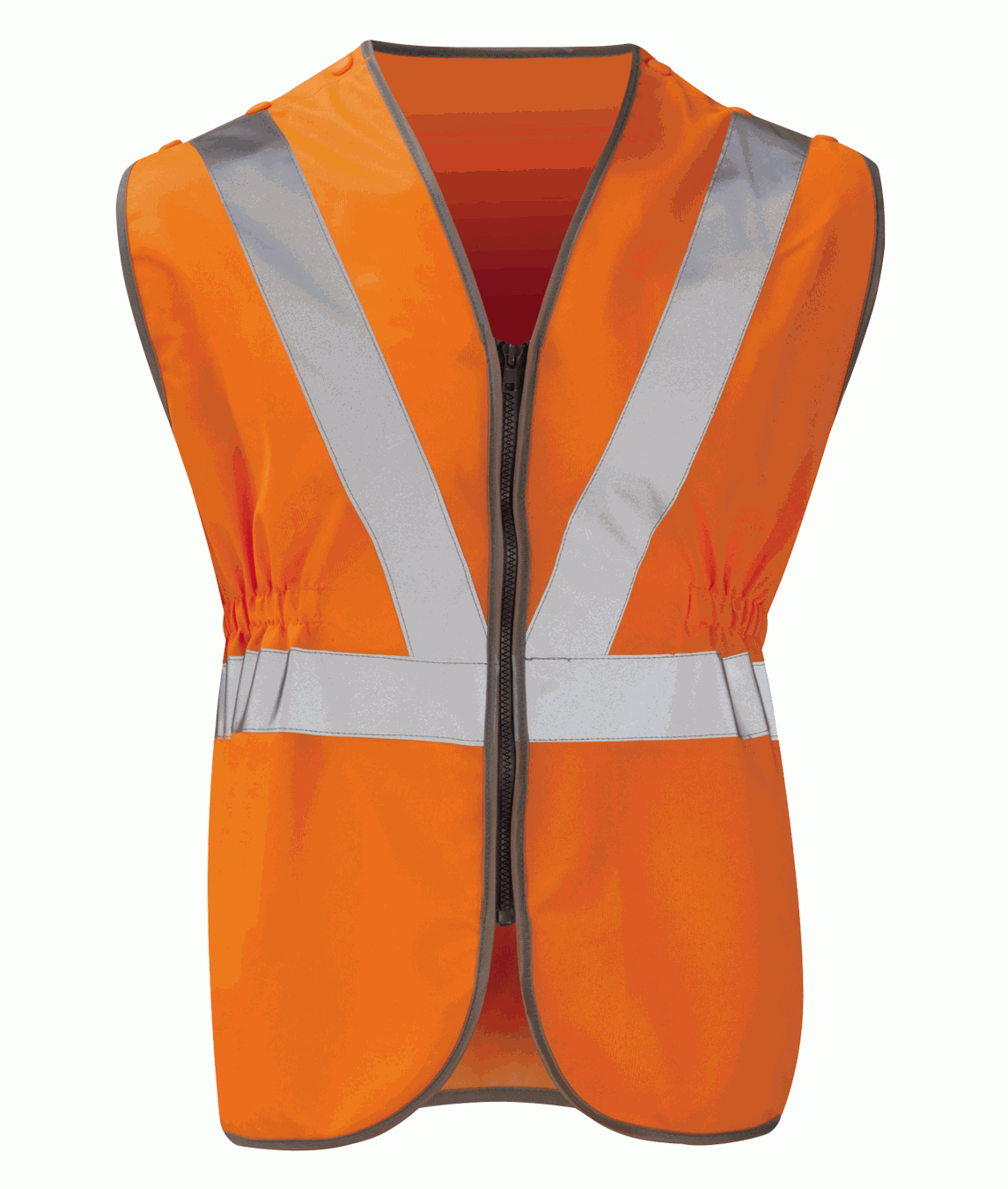 High-visibility orange vest with a front zip closure, silver reflective V-stripe and horizontal tape, elastic side cinches, and grey edge binding.
by MAK Boots & Garments