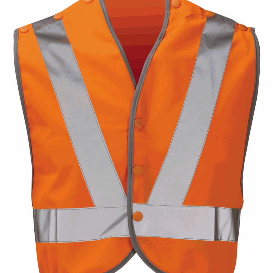 High-visibility orange vest with silver reflective tape in a V and horizontal pattern, snap-button front closure, and contrast grey binding around the edges.
by MAK Boots & Garments