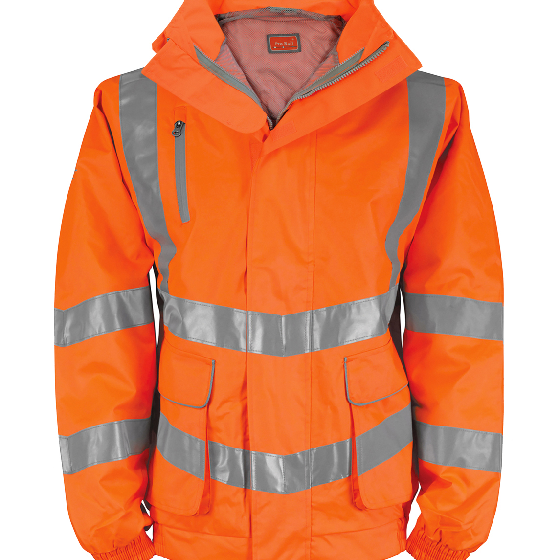 High-visibility orange waterproof jacket featuring multiple silver reflective bands across the chest, arms, and shoulders. Includes flap pockets, a high collar, and a concealed hood for added protection in poor weather.
by MAK Boots & Garments