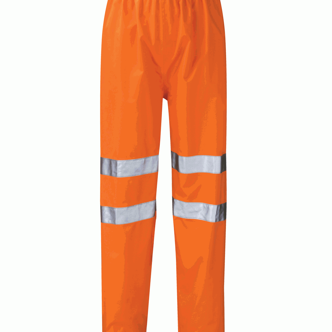High-visibility orange waterproof over-trousers featuring two horizontal reflective silver stripes on each leg and an elasticated waistband for a secure, flexible fit.
by MAK Boots & Garments
